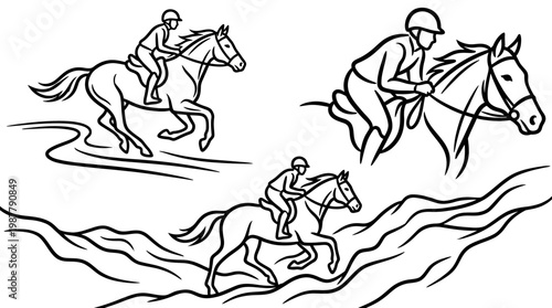 Equestrian Sports Line Art Set Horseback Riding Actions