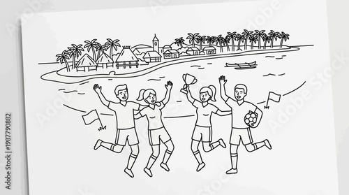 Team Celebrating Soccer Victory with Beach Backdrop