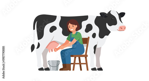 A woman milks a black and white cow on a farm setting