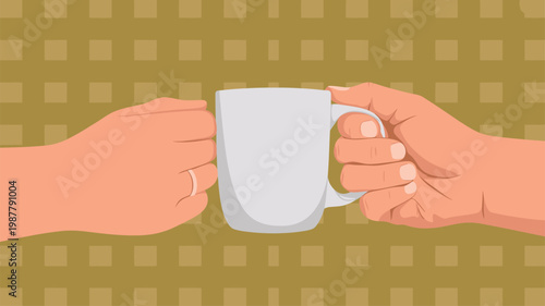 Two human hands reaching for a white ceramic mug in a sharing gesture