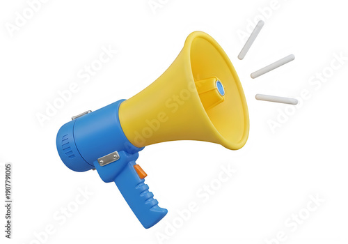A colorful cartoon megaphone with a bright yellow bell and blue handle