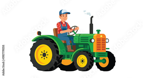 A cheerful farmer operates a vintage green tractor on a white background