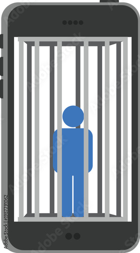 Smartphone Addiction Concept Illustration showing a Person Trapped Behind Prison Bars inside a Mobile Phone