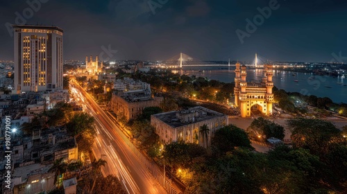 Nightscape of Hyderabad with Landmark Architecture and City Lights