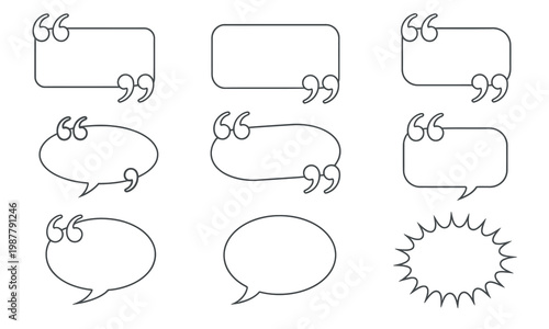 Quote box frame vector set featuring abstract style texting quote boxes with bubble banners for quotation message and comment design use