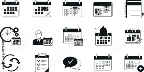Calendar and schedule icon set featuring planning reminders deadlines events and time management symbols in clean outline style