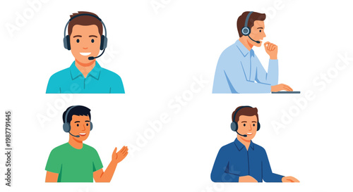 Four illustrations of diverse customer service representatives with headsets