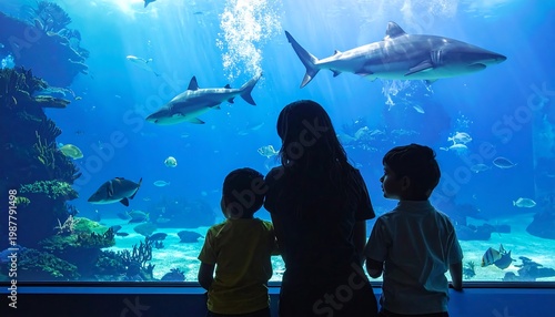 A family, viewed from behind, observes sharks in an enormous aquarium. Light streams in creating a captivating underwater scene