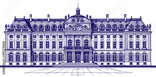 Versailles Palace Hand Drawn Line Art Sketch, Elegant French Architecture Illustration, Historic Château Exterior Outline Drawing, Vintage Travel Landmark Artwork, Minimalist Black and White Palace