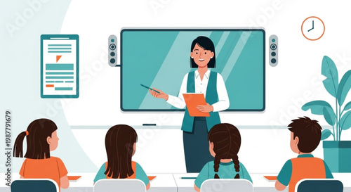 Teachers' Day Teacher instructing students in a classroom using a smart board, promoting engagement and learning