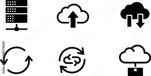 Cloud computing and data synchronization icon set featuring upload download server and sync symbols in minimal solid style