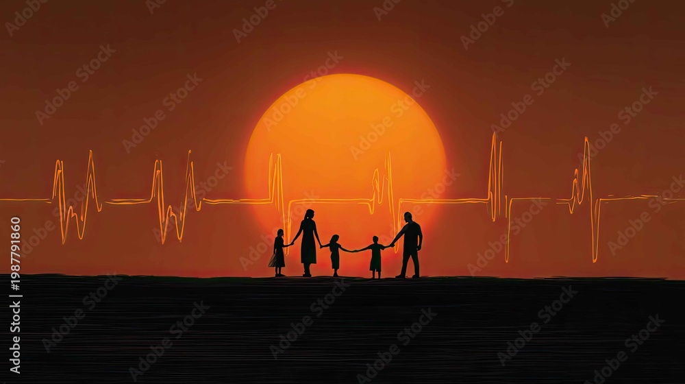 Naklejka premium Family Bonding under the Setting Sun with Heartbeat Line Concept