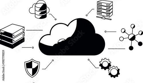 Cloud computing and data storage outline icon set with server, security, network, and technology symbols for digital infrastructure design