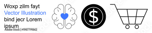 Finance, mental health, online shopping, e-commerce, human decision-making, consumer behavior. Heart inside a brain, a dollar sign and a shopping cart . Finance and mental health visualization