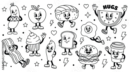 Collection of retro cartoon food characters with happy faces.
