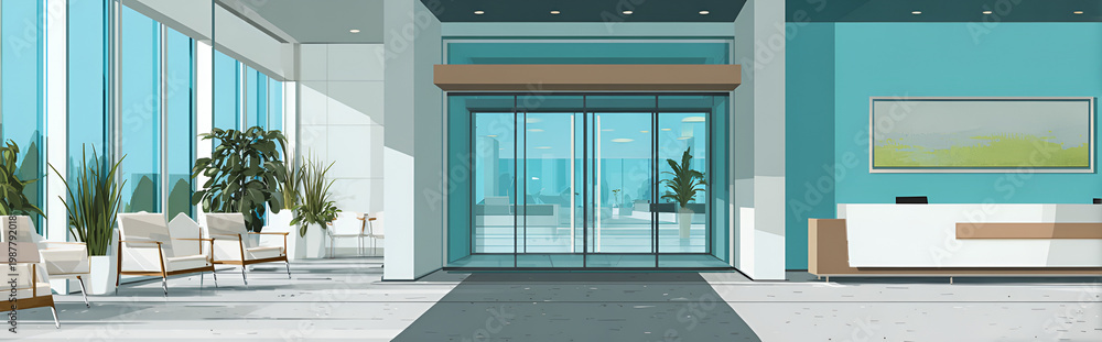 Fototapeta premium A modern, light-filled building interior with large windows, seating, and a reception desk. A glass door opens onto an outside view