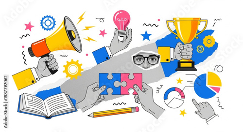 Creative idea generation, business strategy, teamwork, and project success with collaboration and innovation
