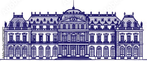 Versailles Palace Hand Drawn Line Art Sketch, Elegant French Architecture Illustration, Historic Château Exterior Outline Drawing, Vintage Travel Landmark Artwork, Minimalist Black and White Palace