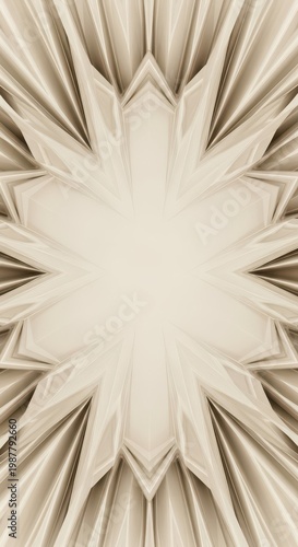 Abstract beige background features symmetrical radial patterns with geometric depth.