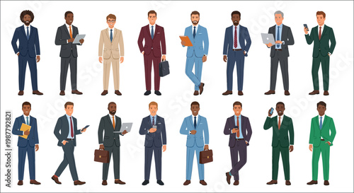 Diverse group of businessmen in suits various poses professional attire