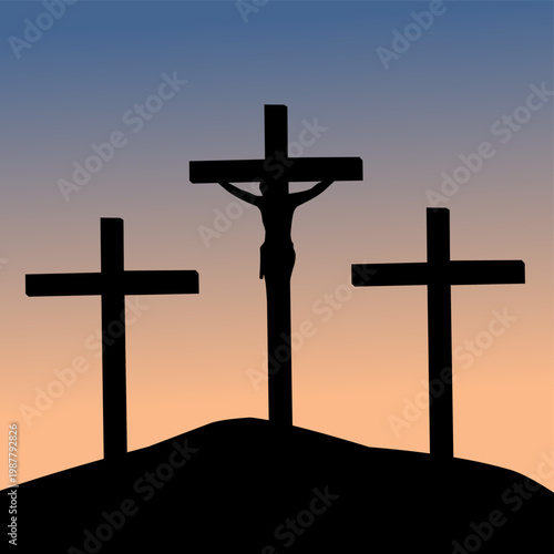 Silhouette of three crosses on a hill at sunset representing crucifixion of Jesus Christ. Minimal religious illustration for faith and spirituality themes
