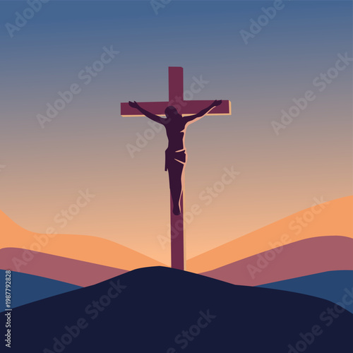 Jesus Christ on the cross silhouette at sunset with mountain landscape background. Christian religious illustration symbolizing sacrifice, faith, and redemption