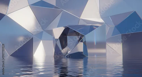 Fototapeta na wymiar Surreal Minimalist Architectural Render of a Metallic Glass Geometric Shape Floating on a Serene Liquid Water Surface with Abstract Modern Geometry and Futuristic Reflective Design Elements.
