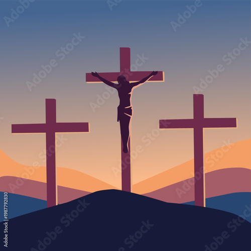 Three crosses on a hill with Jesus Christ crucifixion scene at sunset. Christian religious illustration representing Good Friday, sacrifice, and biblical story