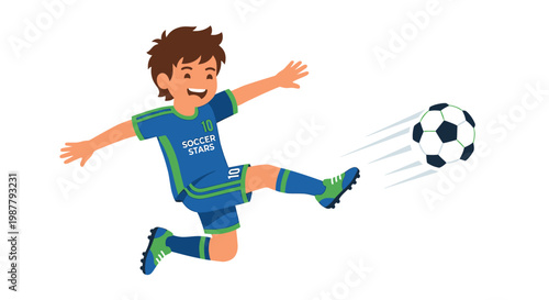 A young boy enthusiastically kicks a soccer ball in a dynamic pose