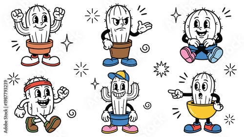 Funny cartoon cactus characters in pots, expressing different emotions and actions.