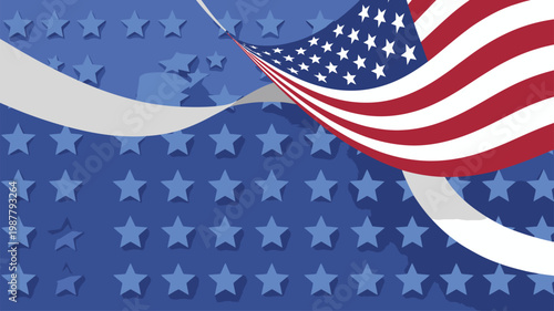 Waving American flag in upper right corner with a dynamic blue star pattern background