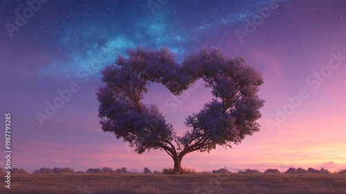 Heart-Shaped Tree Under Starry Sky at Sunset Creating Romantic Scene