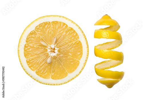 Freshly sliced orange segment with spiral twist on a clean surface