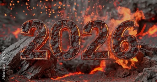 Fiery 2026 Text on Charred Background.