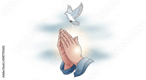 Praying hands with dove flying above symbolizing hope and spirituality in a serene atmosphere