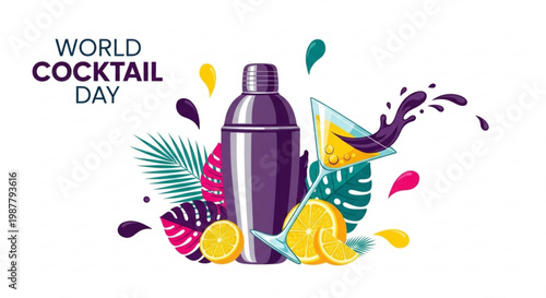 Vibrant world cocktail day illustration with purple shaker tropical leaves and colorful citrus fruits