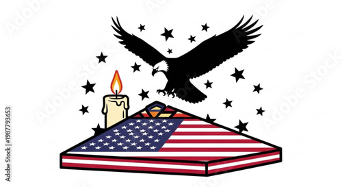 American eagle flying over candle on usa flag cake with stars patriotic symbol