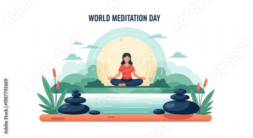 Woman meditating in serene nature on world meditation day with stones and plants