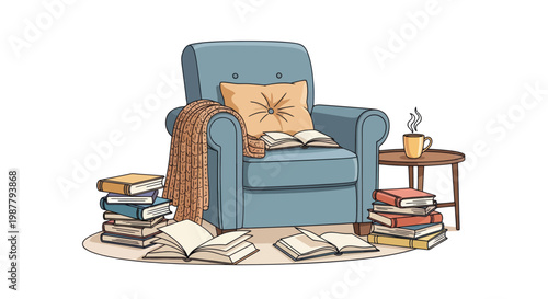 Cozy armchair with books and blanket, perfect for reading and relaxation