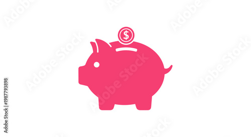 Pink Piggy Bank Icon with Coin - Saving Money Concept