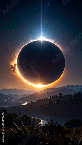 A dark celestial body eclipses the sun over a scenic landscape