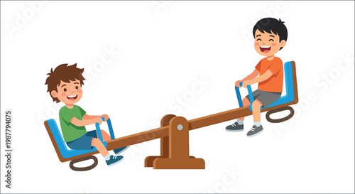 Two young boys happily playing together on a wooden seesaw outdoors