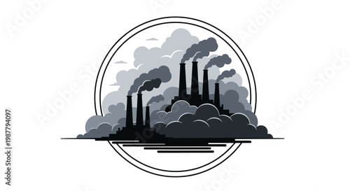 Industrial factory silhouette with smoke stacks emitting dark pollution, circular frame.
