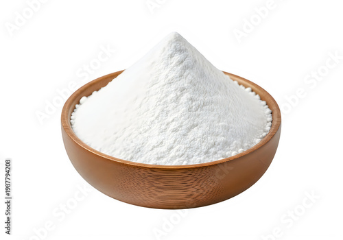 Pile of white powdered substance in a wooden bowl