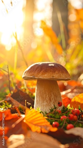 A mushroom in a forest with autumn leaves
