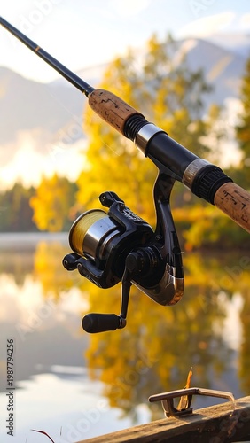 A serene lake scene with a fishing rod in the foreground
