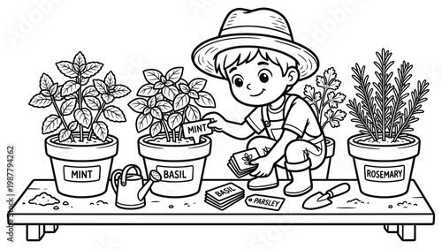 Little boy gardener planting herbs on shelf, outline vector illustration for coloring book.