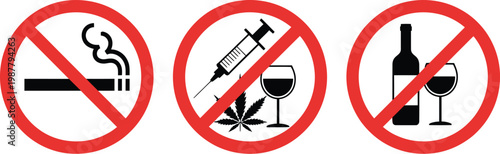 Prohibition sign icon set featuring no drugs no smoking no vaping and no alcohol symbols in red crossed circle for public safety and restricted areas