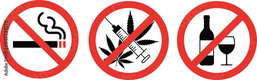 Prohibition sign icon set featuring no drugs no smoking no vaping and no alcohol symbols in red crossed circle for public safety and restricted areas