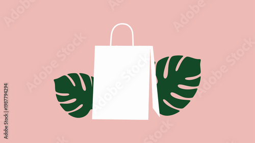 White shopping bag with paper handles flanked by two green monstera leaves symmetrically